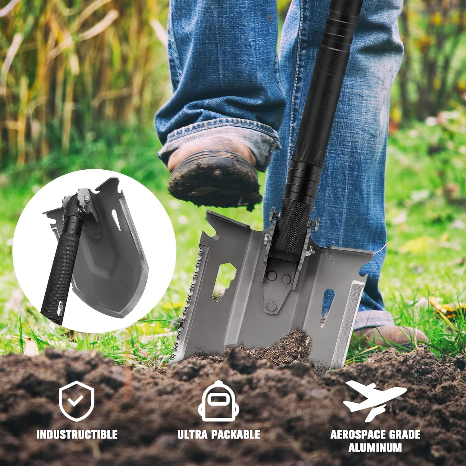 Survival Shovel Multitool, FLYEGO One-Key Lockable Quick Install Folding Military Camping Shovel with Carrying Case for Off-Roading, Camping
