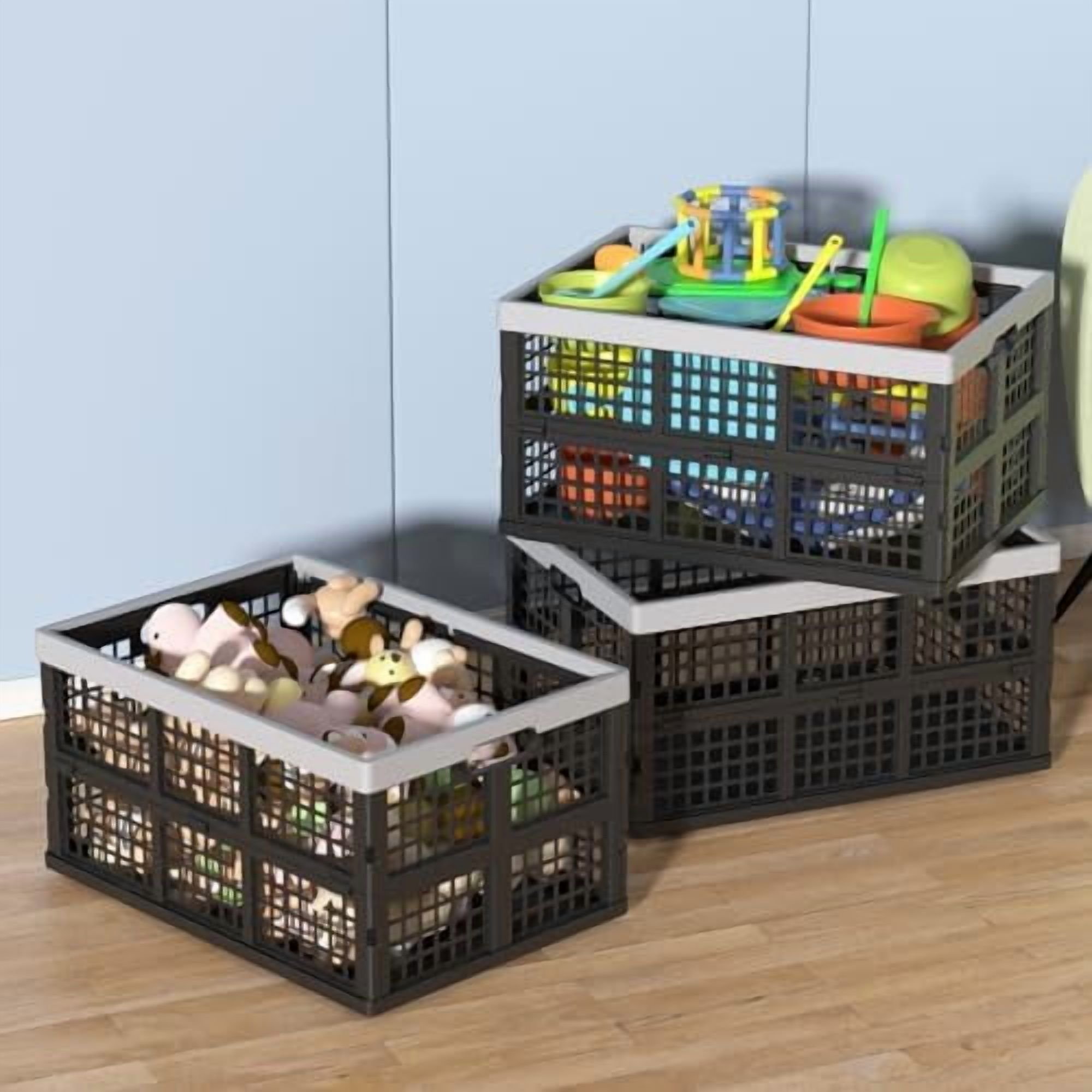 Plastic Collapsible Milk Crates, Collapsible Storage Bins, Foldable Baskets, 42 Liters, Pack of 4 in Black$$Office