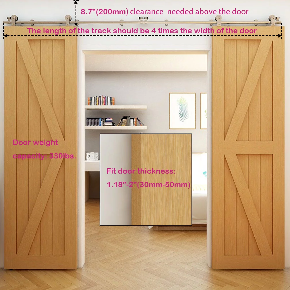 CCJH 14Ft Stainless Steel Sliding Barn Door Hardware Kit Heavy Duty Fit 42" for Double Wood Door