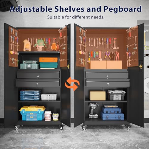 71" Metal Garage Storage Cabinet with Drawers and Wheels Rolling Tool Chest Cabinet with Pegboards