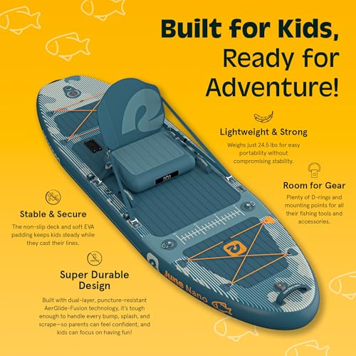 Retrospec June Nano Kids Inflatable Fishing Paddle Board SUP Kayak: 9'6" Hybrid Paddleboard with Rod Holders, Removable Seat