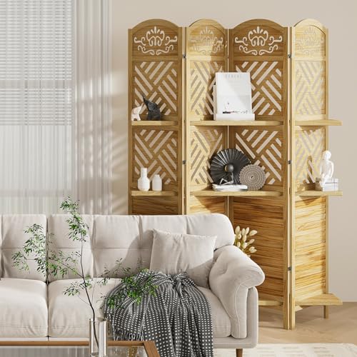 Room Divider with Shelves, 5.75ft Tall Folding Wood Carved Screen with Double Hinges for Home Office Bedroom Hotel Decoration (6 Panels, Natural)