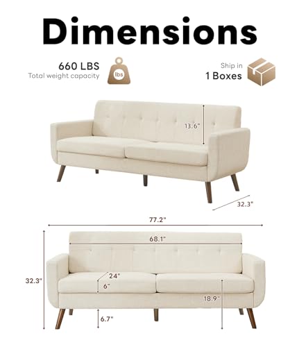 Tbfit L Shaped Couch Sofa, 80" W Mid-Century Modern Sectional Couches, 3 Seater Sofas with Wide Chaise Lounge & Two Pillows
