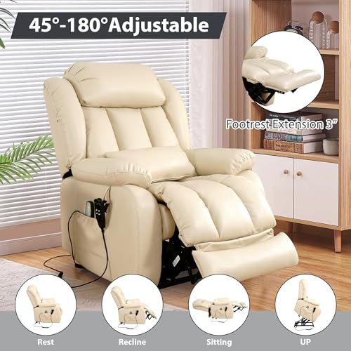 EDILLY Large Genuine Leather Power Lift Recliner Chairs for Elderly, Dual Motor with Massage and Heating,Double Lumbar Cushion and Extended Footrest