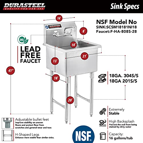 DuraSteel Stainless Steel Prep & Utility Sink - 1 Compartment Commercial Kitchen Sink - NSF Certified - 15"