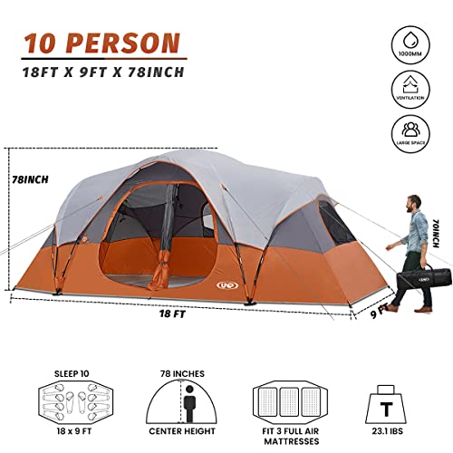 UNP Camping Tent 10-Person-Family Tents, Parties, Music Festival Tent, Big, Easy Up, 5 Large Mesh Windows, Double Layer, 2 Room, Waterproof