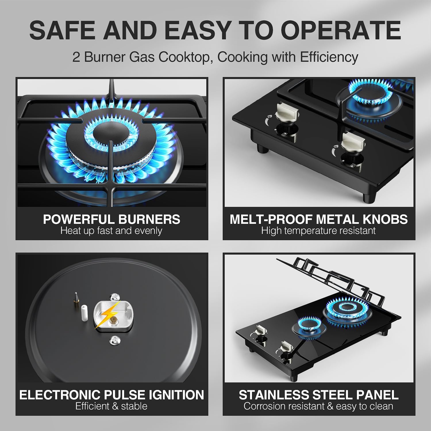 Gas Stove Gas Cooktop 2 Burners 12 Inch,ANHANE Portable Stainless Steel Built-in Gas Hob, LPG/NG Dual Fuel Easy to Clean for RVs, Apartments, Outdoor