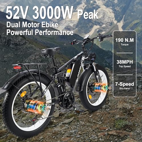 Peak 3000W Fat-Tire Electric-Bike for Adults-Women-Men - PHNHOLUN Seeker24 Dual Motor Electric-Bicycle, 52V 25AH, 38MPH