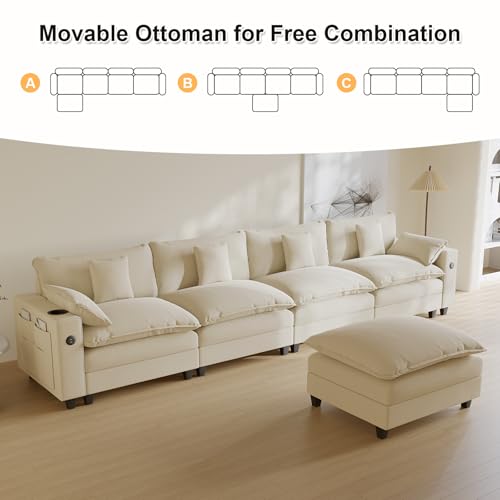 Modular Sectional Sofa, Cloud Couch with Ottoman, Charging Station, Throw Pillows, Cup Holders, Modern Convertible U Shaped Couches for Living Room