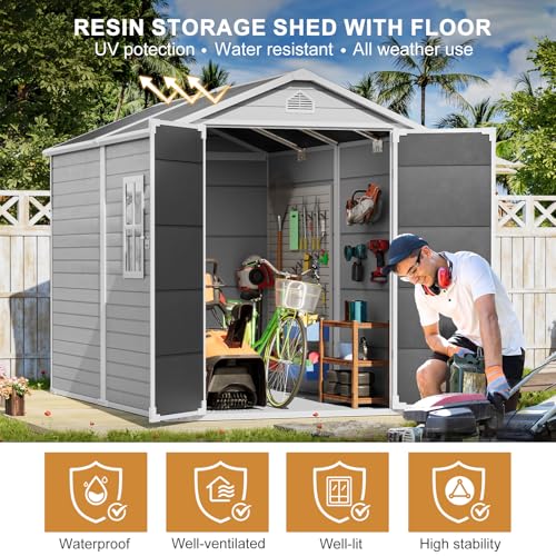 Outdoor Resin Storage Shed with Floor 8x6x7 FT Waterproof Wider Door Outside Plastic Sheds Kit for Backyard Garden Patio Lawn Tools, Gray