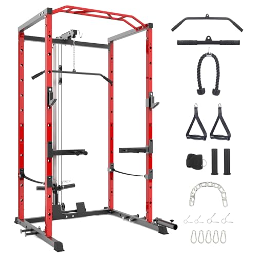 Power Cage with LAT Pulldown, Multi-Functional Power Rack with Cable Pulley System and J-Hooks, Squat Rack with Dip Bars and Landmine Attachment