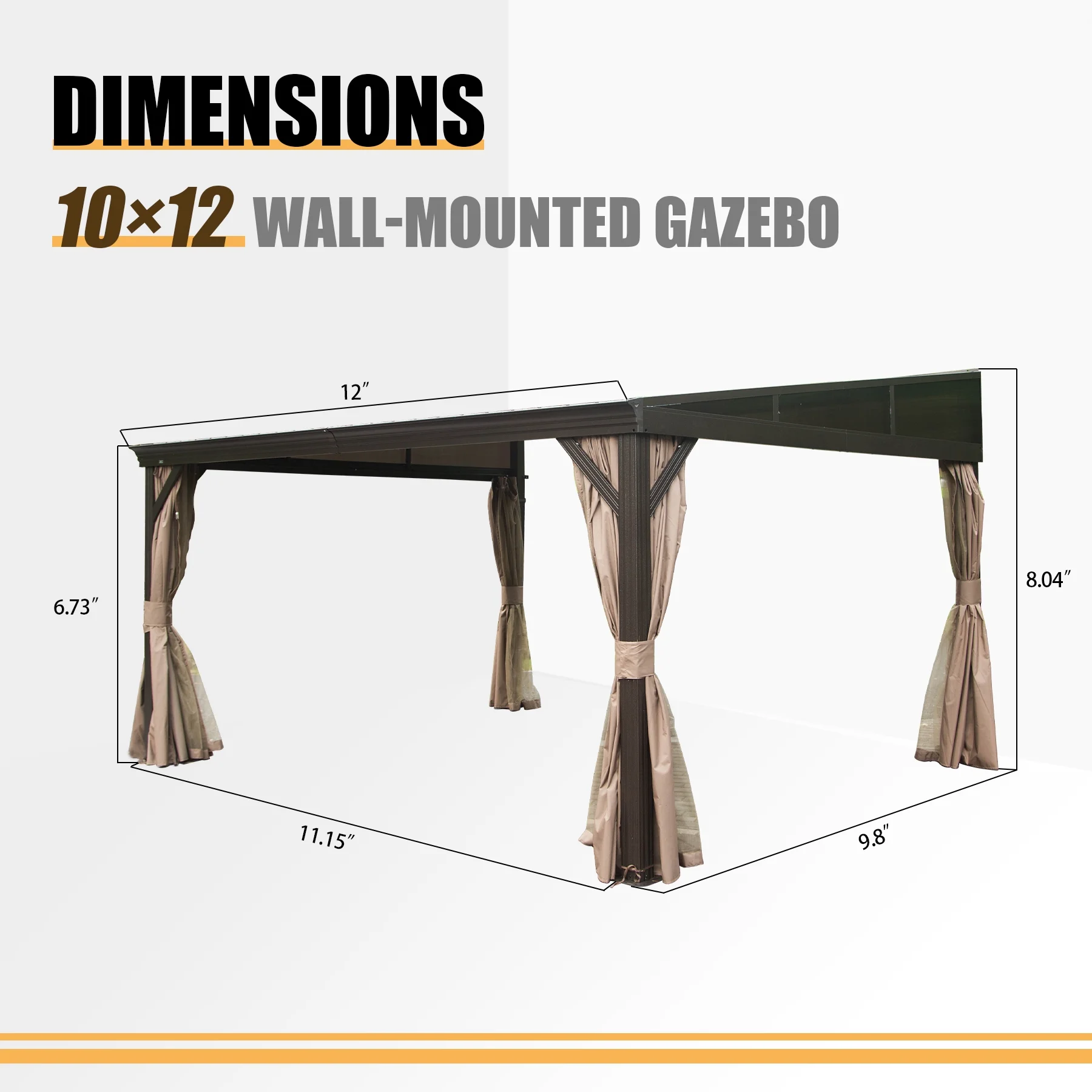Domi 10x12FT Lean to Gazebo, Hardtop Wall Mounted Gazebo with Sloping Galvanized Steel Roof, Wall Pergola with Aluminum Frame, Curtains and Netting