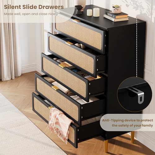Rattan 5 Drawer Dressers for Bedroom, Tall Dresser with Deep Drawers, Large Chest of Drawers for Closet with Wide Top