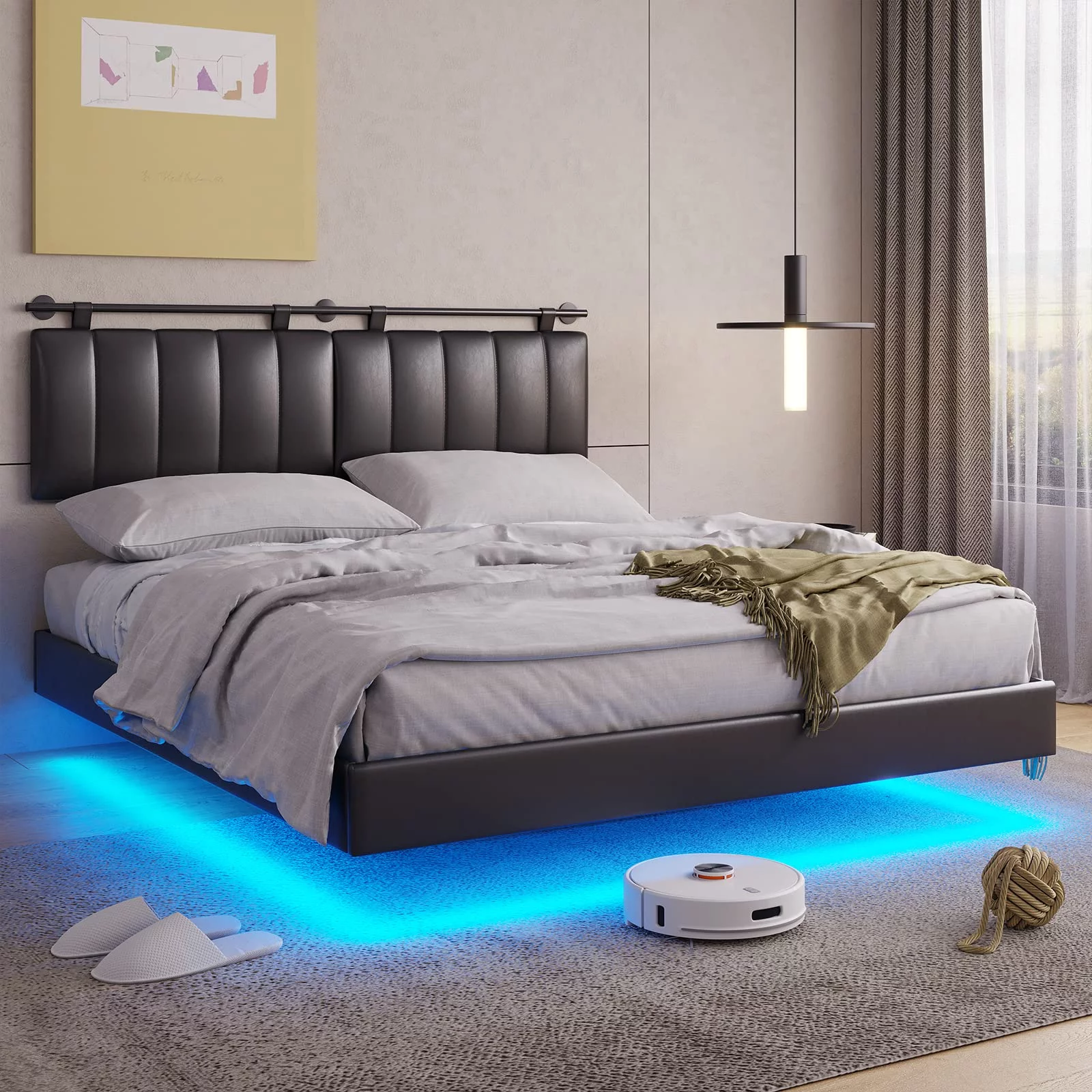 Afuhokles LED Floating Queen Bed Frame with Wall Mounted Headboard and Led Lights, Platform Bed Frame with Upholstered Headboard, Faux Leather Fabric