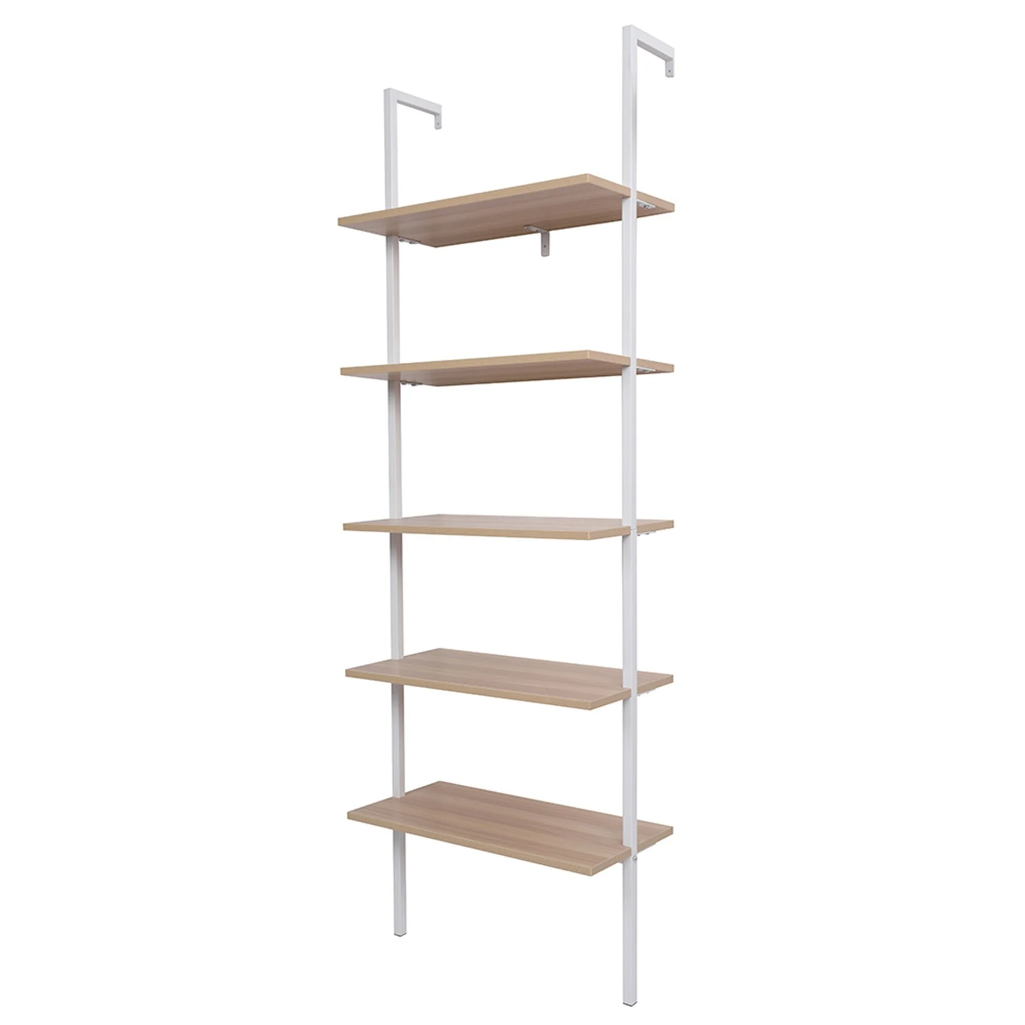 YJTONWIN 5-Shelf Wood Ladder Bookcase, 5-Tier Ladder Shelf Wood Shelves Walnut and White Frame