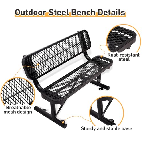 8FT Heavy Duty Park Bench with Back Portable Frame, Outdoor Metal Park Bench with Backrest, Steel Mesh Outdoor Bench for Garden, Lawn, Patio, Porch