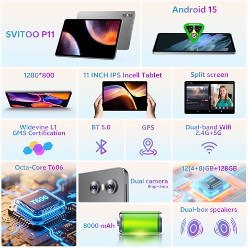 Android Tablet, 11 inch Android 15 Tablet 2025, Octa-Core, 12GB RAM 128GB Storage 1TB Expandable, 13MP Dual Cameras 5MP Front, 8000mAh, GPS