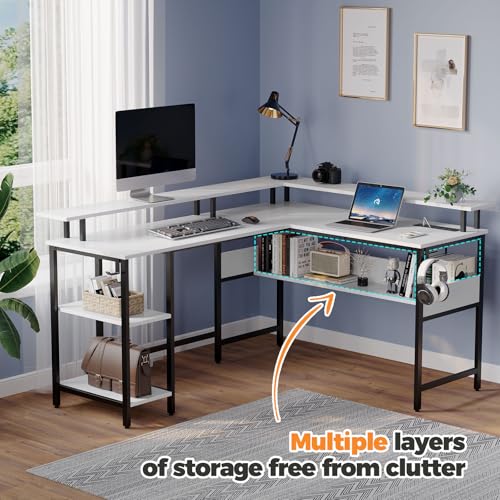 Rolanstar Computer Desk 56.7" with LED Lights and Power Outlets, Carbon Fiber Surface, Reversible L Shaped Gaming Desk with Monitor Stand