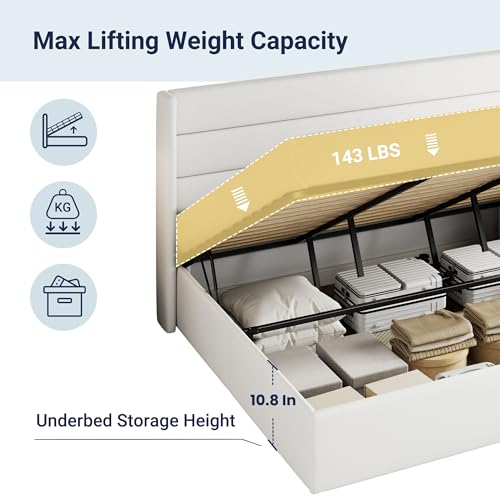Allewie Full Size Lift Up Storage Bed, Modern Wingback Headboard, Hydraulic Support, No Box Spring Needed, Light Beige