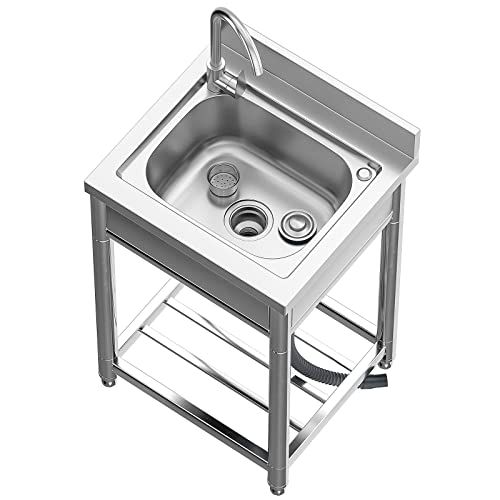 Free Standing Stainless-Steel Single Bowl Commercial Restaurant Kitchen Sink Set w/Faucet, Prep & Utility Washing Hand Basin w/Storage Shelve