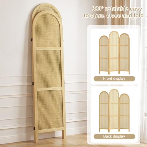 Room Divider and Folding Privacy Screens, Pine Wood 5.6 Ft Double Hinged Rattan Partition Freestanding Wall Room Divider for Home - 3 Panels