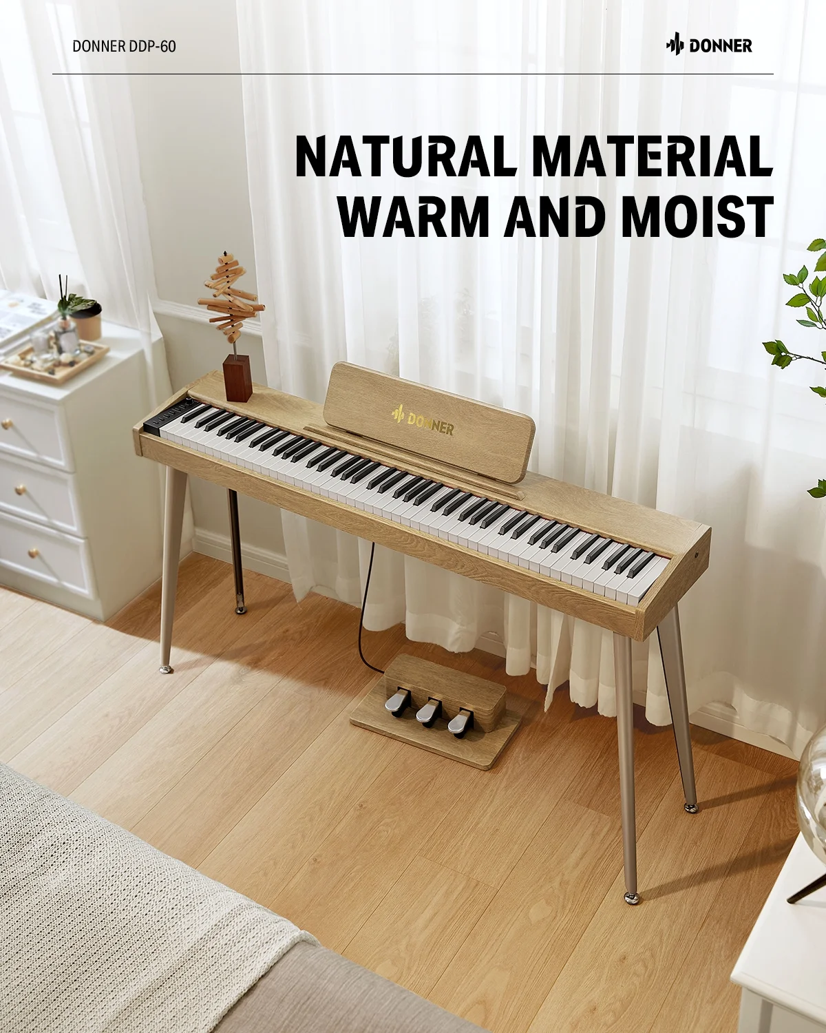 Donner DDP-60 88 Key Digital Piano Electric Keyboard with Speakers, 128 Voices, 83 Rhythms, 4 Reverb Effects, Light Wood