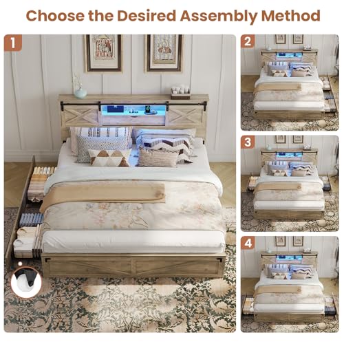 Hasuit Farmhouse Bed Frame California King Size with Storage Bookcase Headboard, Wooden Cal King Bed with LED Lights, Charging Station, 2 Drawers