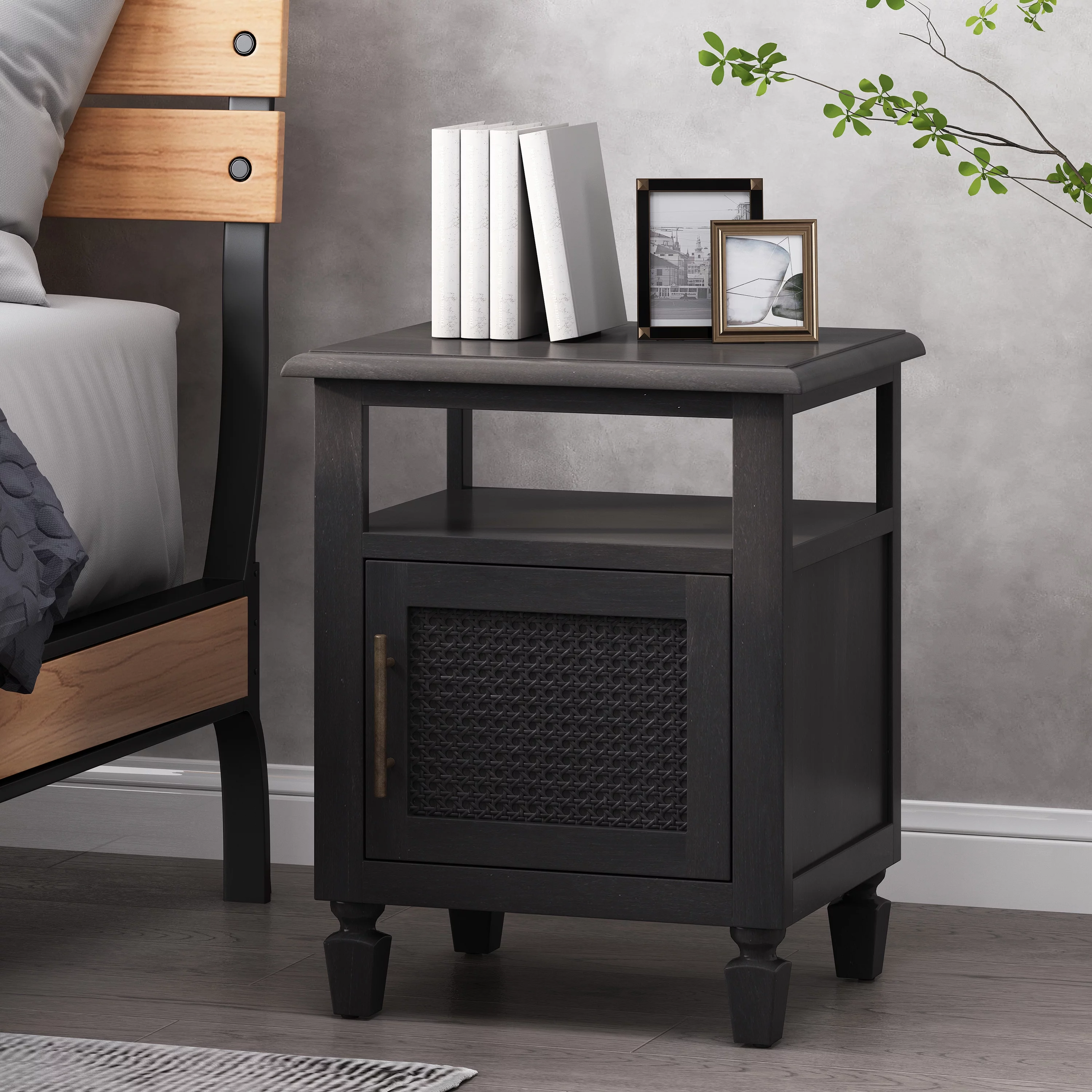 GDF Studio Lempster Rustic Acacia Wood and Cane Nightstand, Dark Gray