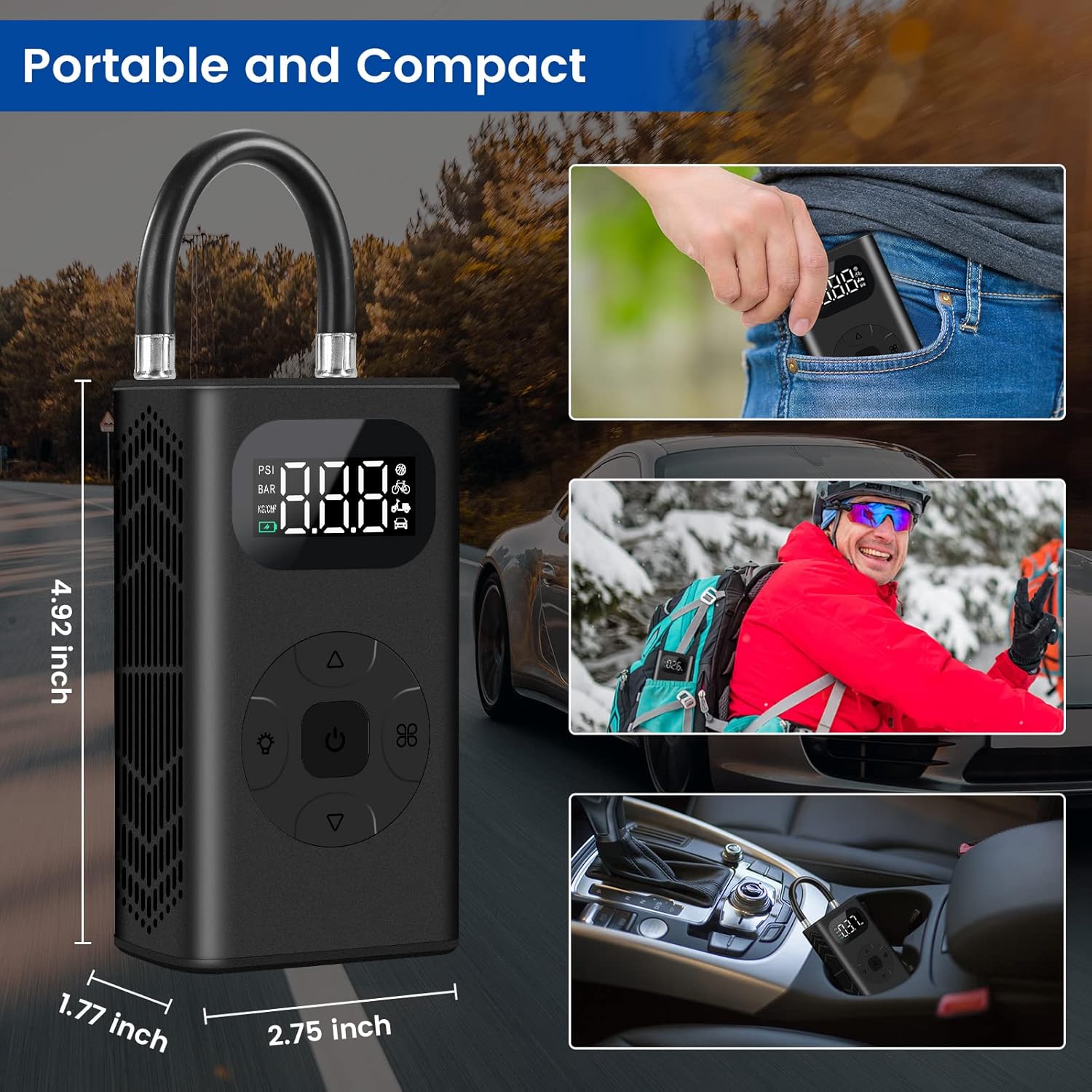 acetek Tire Inflator Portable Air Compressor, 150PSI Cordless Tire Inflator with Fan Cooling Digital Pressure Gauge Fast Inflation