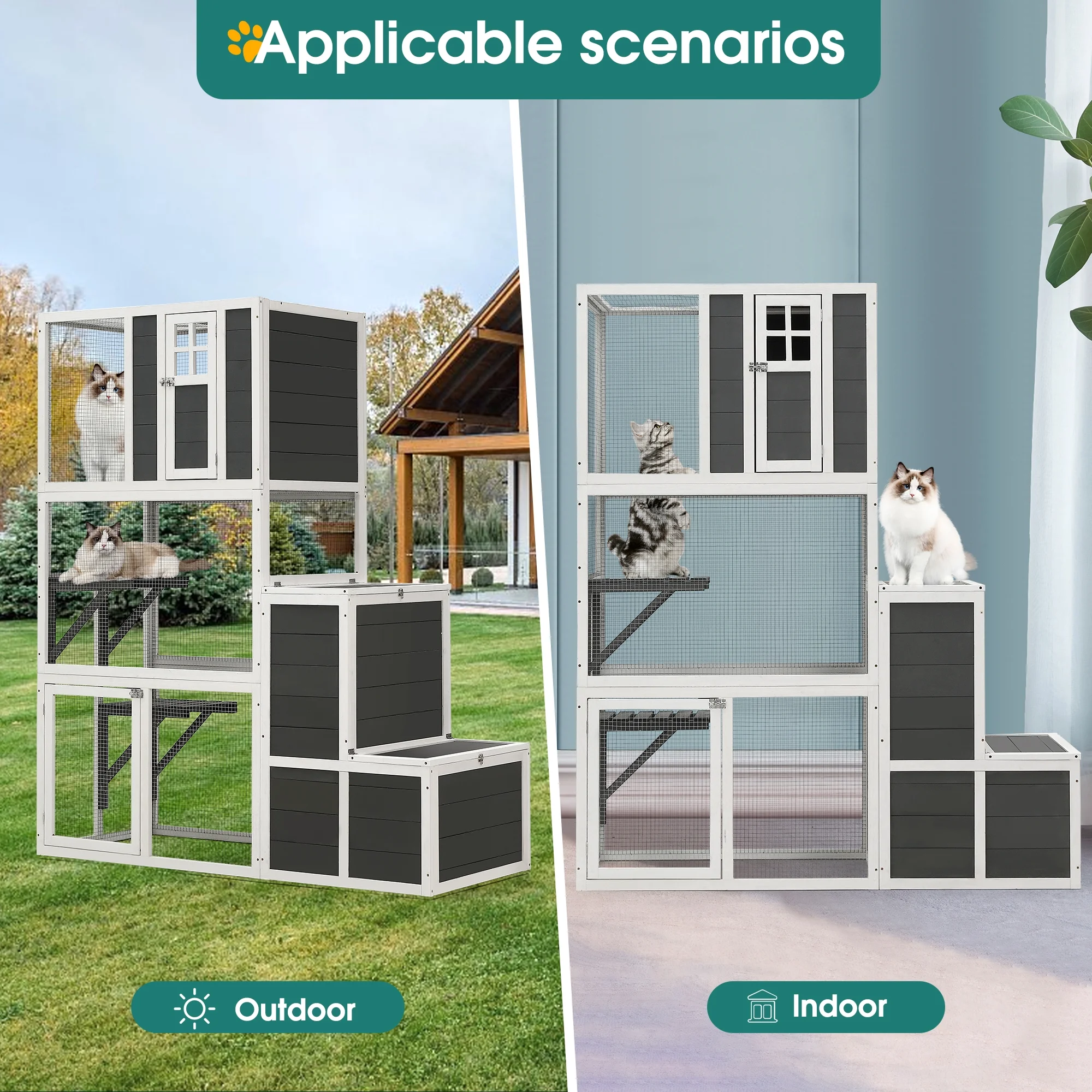 Syngar Luxury 3-Tier Wooden Cat Cage, Outdoor Medium Catio Enclosure with 2 Jump Platforms, 2 Resting Room, and 1 Loft