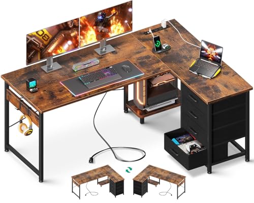 AODK L Shaped Gaming Desk with 4 Drawers, 61" Reversible Home Office Desks with Power Outlets