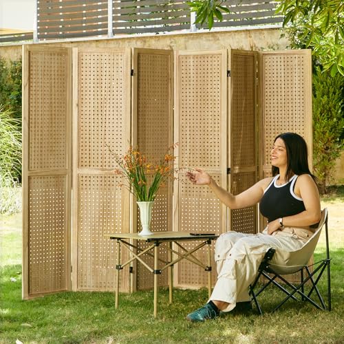 Room Divider Freestanding Folding Pegboard Privacy Screen | 4-Panel Display Stand for Jewelry, Craft Shows, Retail | Natural Wood