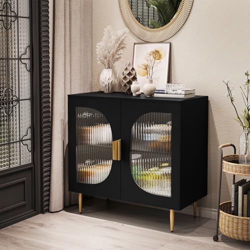 AERPOWER Sideboard Buffet Cabinet with 4 Glass Doors, Wood Accent Cabinet with Storage Shelves, Black Credenza Display Cabinet