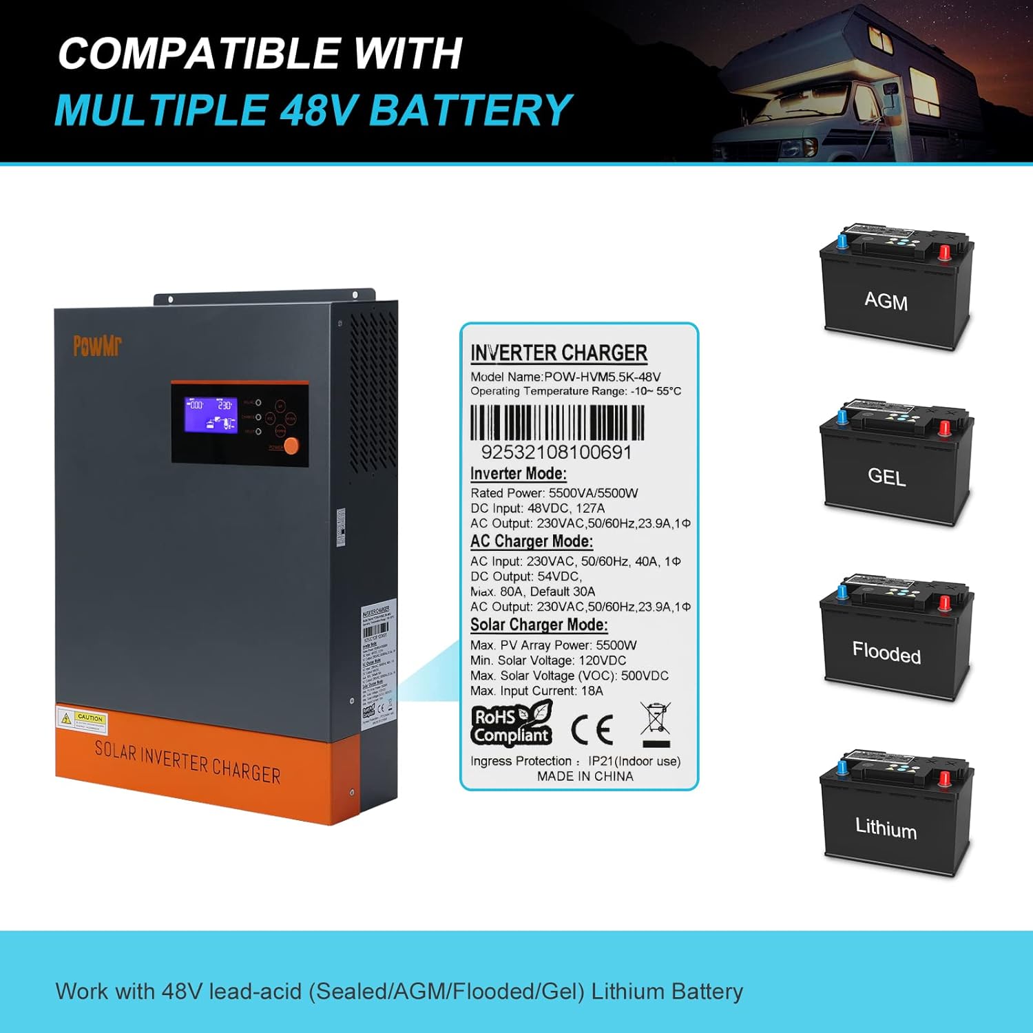 PowMr 5500w Solar Hybrid Inverter with 80A MPPT Charge Controller 48V DC to 220/230V AC