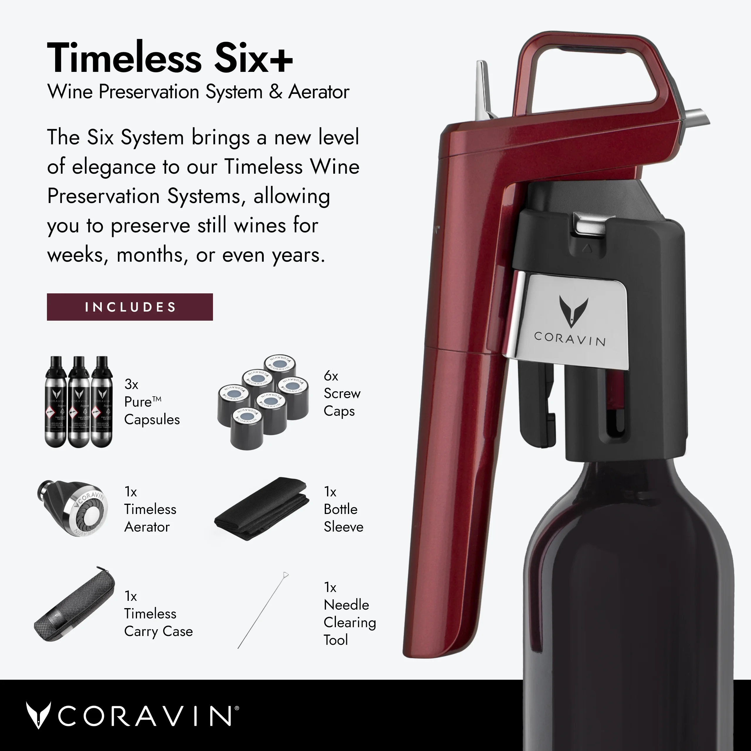 Coravin Timeless Six Plus Wine Preservation System - By-the-Glass Wine Saver - Wine Aerator, 3 Gas Capsules, 6 Screw Caps