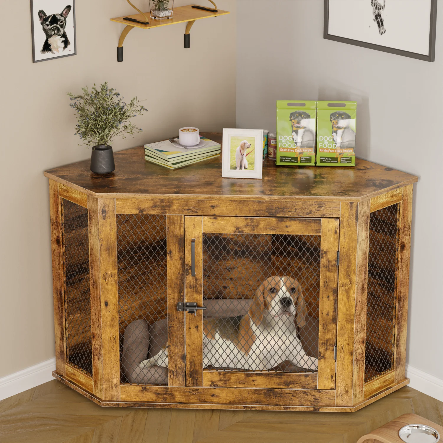 Bossin 44"Corner Dog Crate Furniture，Wooden Dog Kennel Indoor Furniture，Decorative Dog Crate
