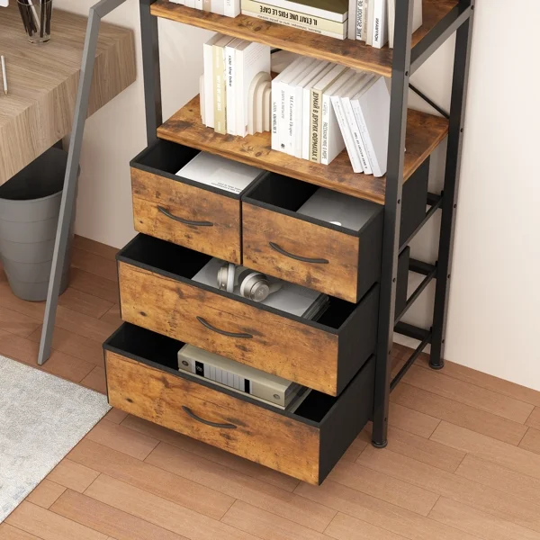 SYTHERS 6 Layer Bookshelf with Drawers, Tall Bookcase with Shelves, Wood & Metal Book Shelf Storage Organizer