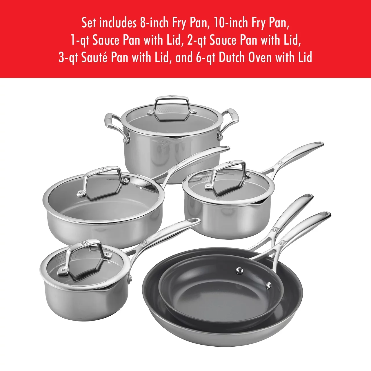 ZWILLING Energy Plus 10-pc Stainless Steel Ceramic Nonstick Cookware Set