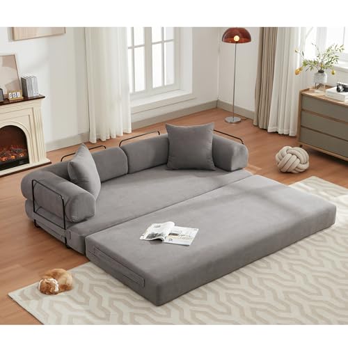 Convertible Sleeper Sofa Bed with Cylindrical Pillow, Corduroy Folding Mattress Couch with Fixed-Shape Frame