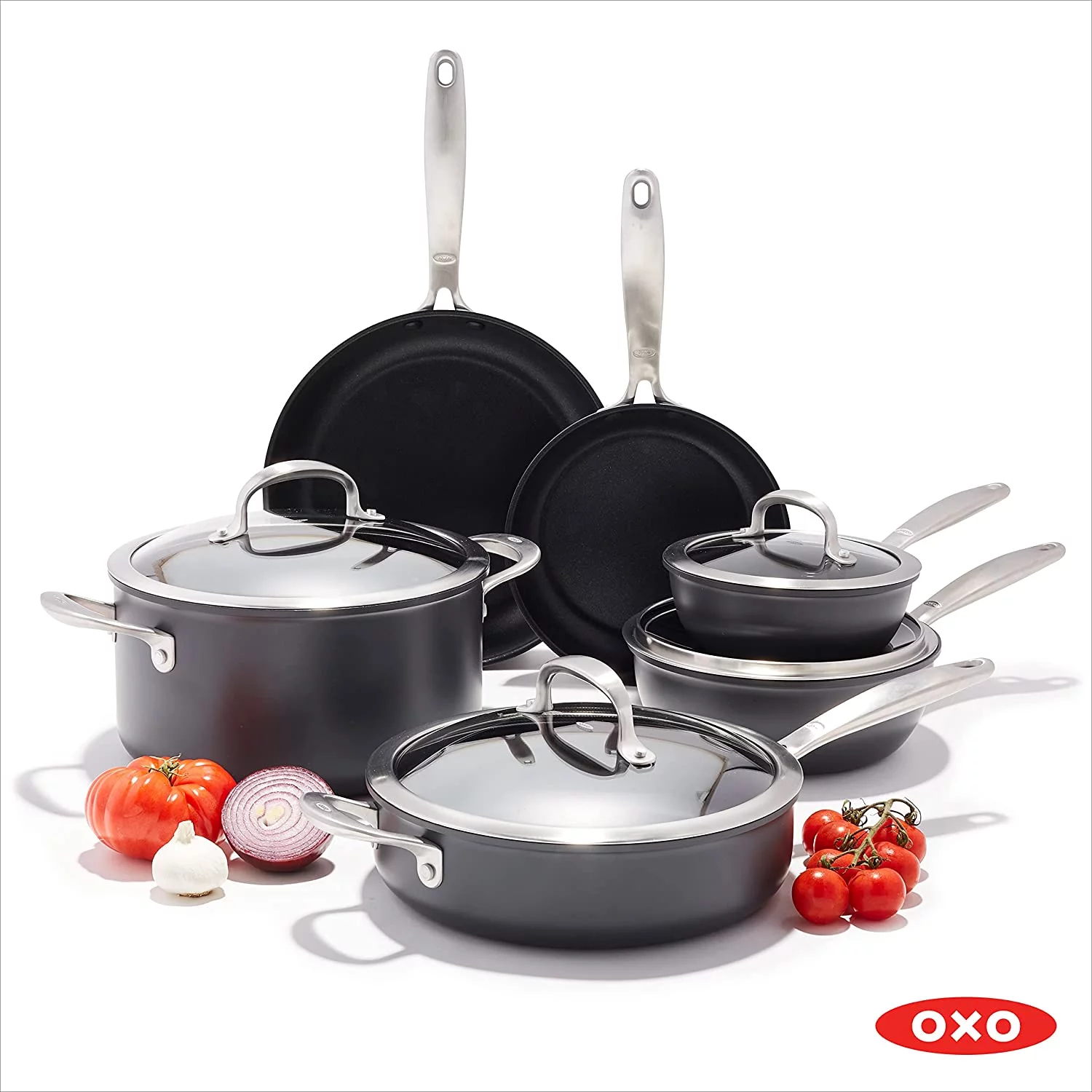 Good Grips 10 Piece Cookware Pots and Pans Set  3-Layered German Engineered Nonstick Coating  Stainless Steel Handle with Nonslip Silicone  Gray