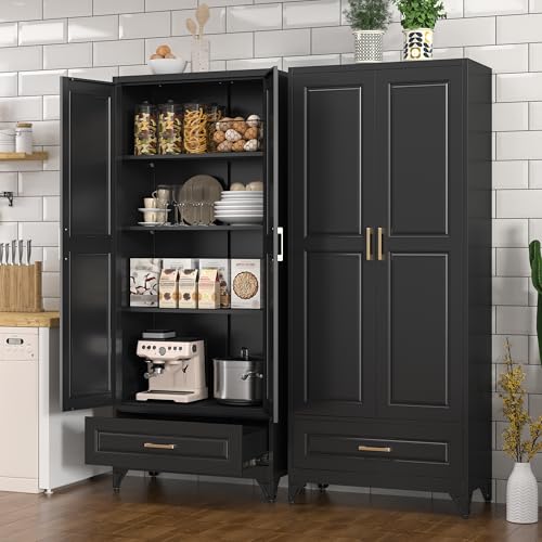 Pantry Cabinet, 71 Inch Tall Kitchen Storage Cabinet, Metal Pantry Cabinet with Doors and Adjustable Shelves, Black Food Cupboard