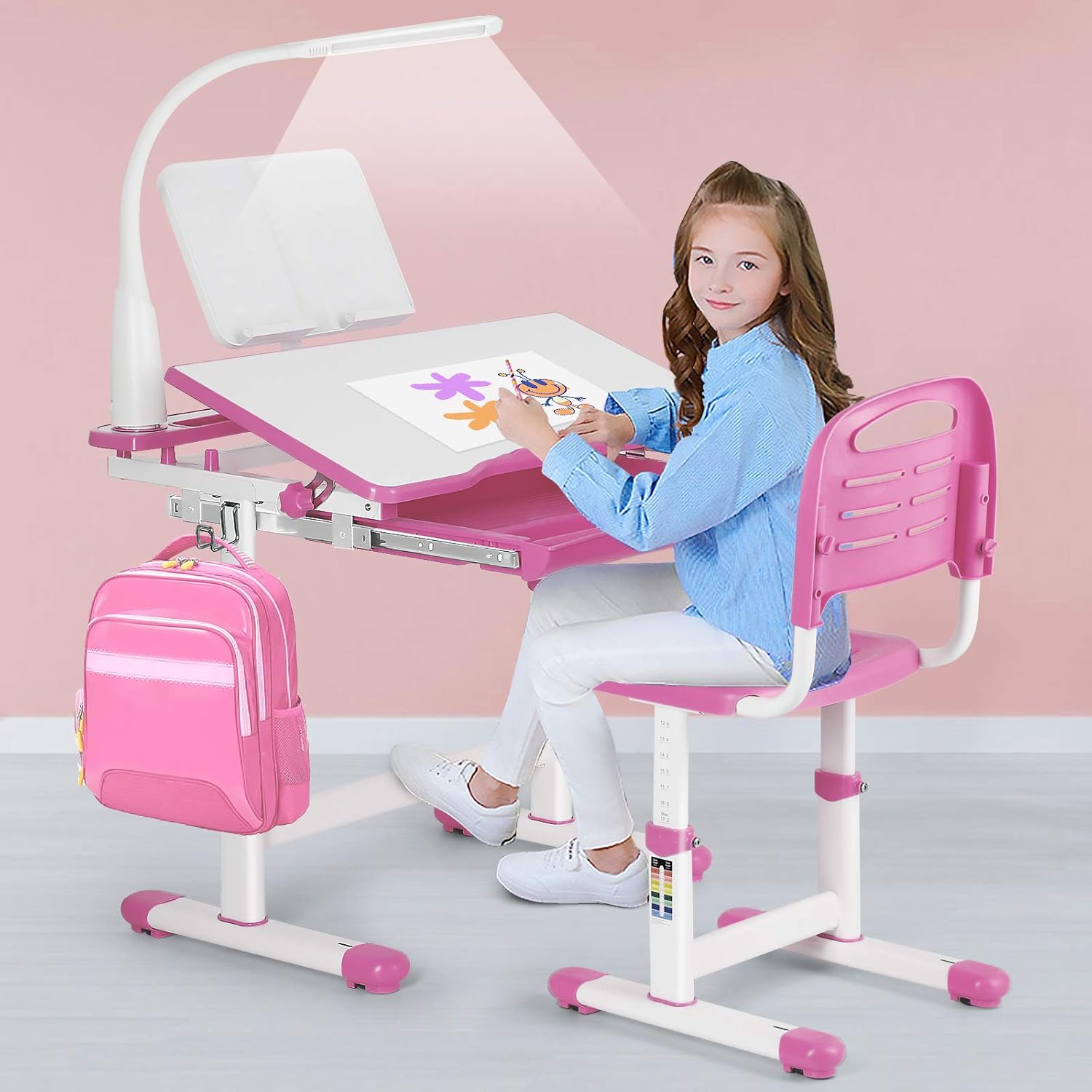 Artist hand Kids Study Desk and Chair Set,Adjustable Girls School Writing Study Table