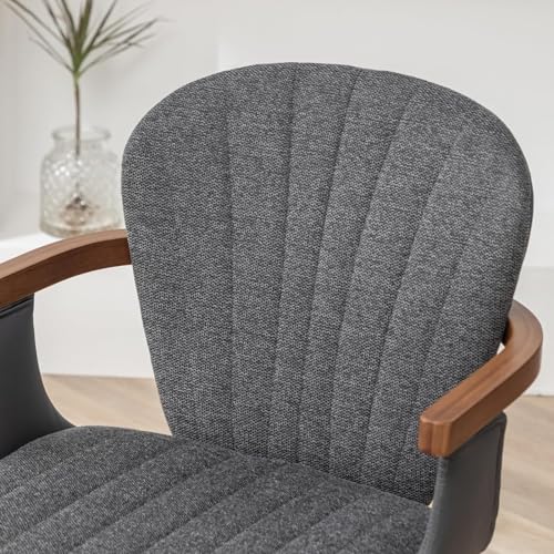LUNLING Swivel Dining Chairs Set of 2, Mid Century Modern Gray Fabric+Faux Leather Kitchen Chairs with Arms,Bamboo Legs Side Chairs No Wheels