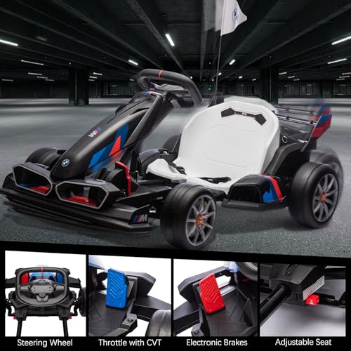36V Licensed BMW Electric Go Kart, 7.5 MPH Drift Kart with 600W Motor, Outdoor Driftable Kids Race Pedal Go Karting Car w/Adjustable Seat, Lights