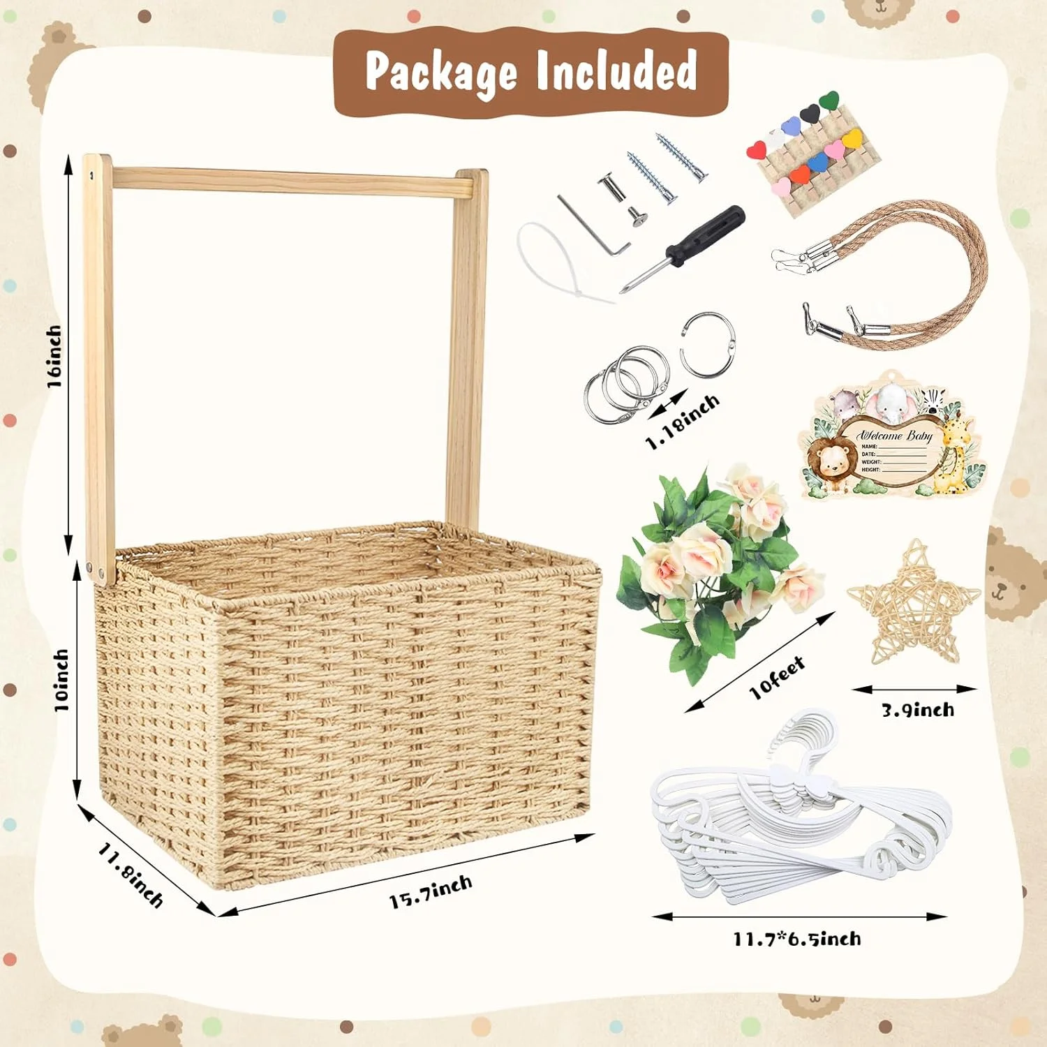 Wooden Baby Shower Crate Closet, Foldable Handwoven Storage Basket for Baby Shower Gifts, Welcome Gift Basket for Newborn Boys Girls