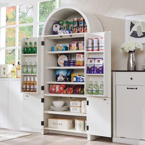 71" Tall Arched Kitchen Pantry, Modern Fluted Wood Storage Cabinet with Doors, 3 Adjustable Shelves, 6 Door Shelves, Organizer