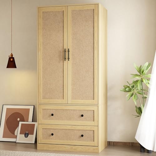FAMAPY 2 Rattan Door Wardrobe Closet with 2 Drawers and Shelves, Farmhouse Armoire Wardrobe Closet with Hanging Rod, Black Metal Handles