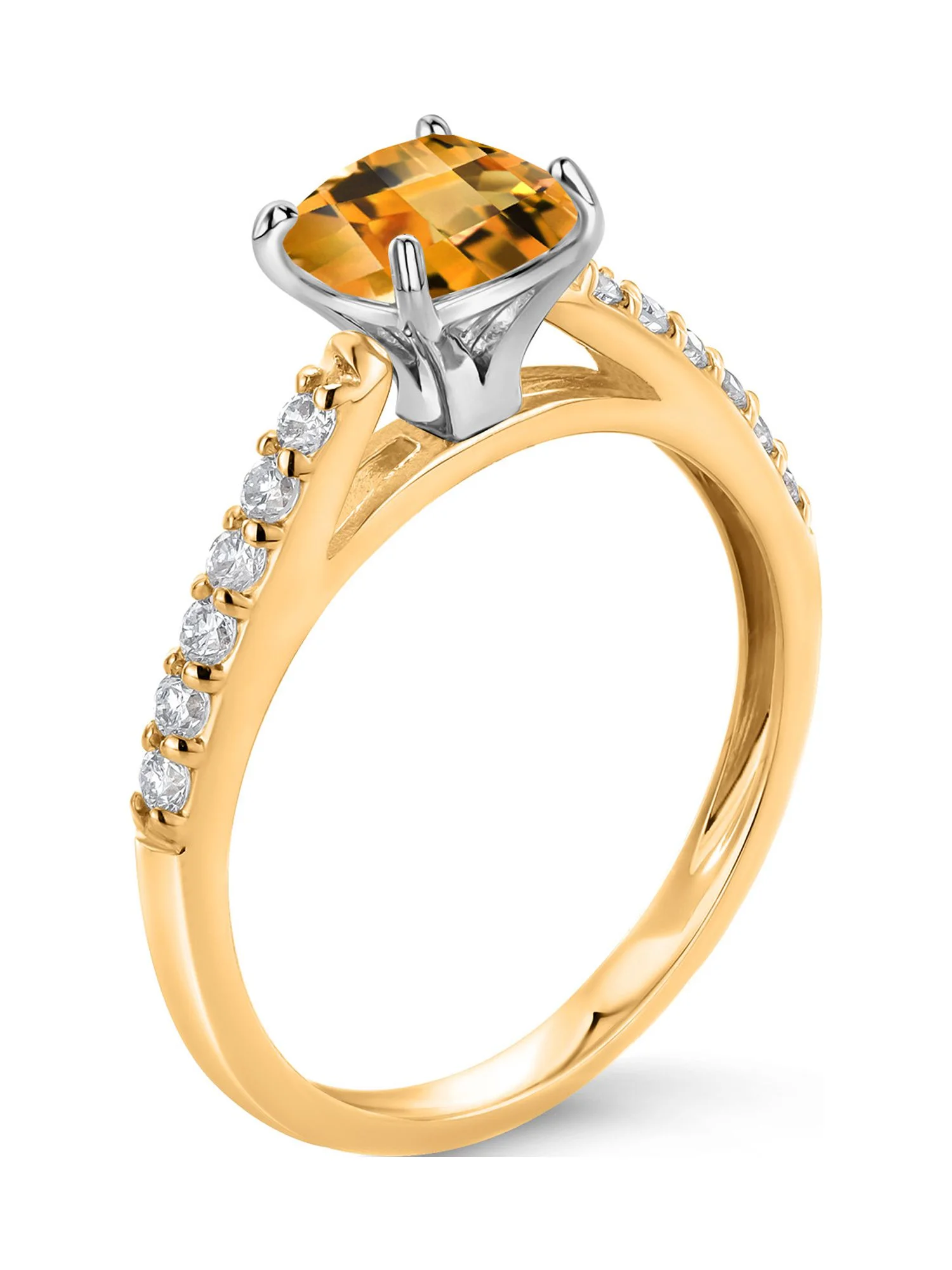 10K Yellow Gold 8MM Cushion Checkerboard Cut Yellow Citrine and White Lab Grown Diamond Engagement Ring For Women (2.18 Cttw