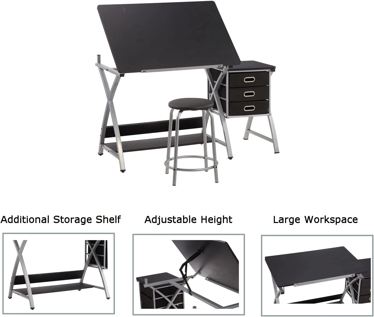 Adjustable Drafting Table For Artists With Stool, Sturdy X-Cross Metal Frame Drawing Table With Storage Drawers, Art Desk With Tilted