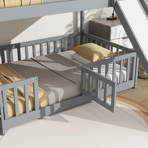 Bunk Beds Twin Over Full Size, Pine Solid Wooden Bunk Bed with Slide, Storage Staircase, Safety Guardrails for Kids, White